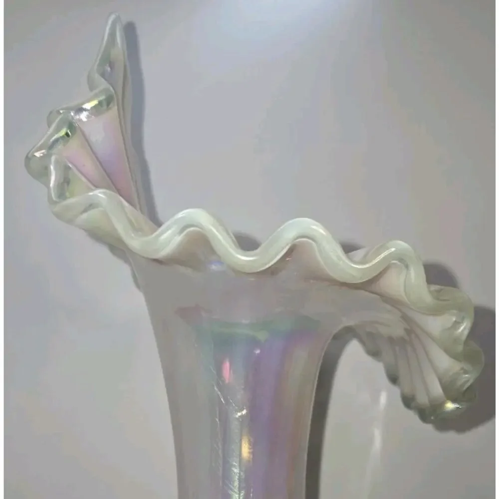 Vintage Fenton Hand-Painted Opalescent Ruffled Glass Floral Vase Signed